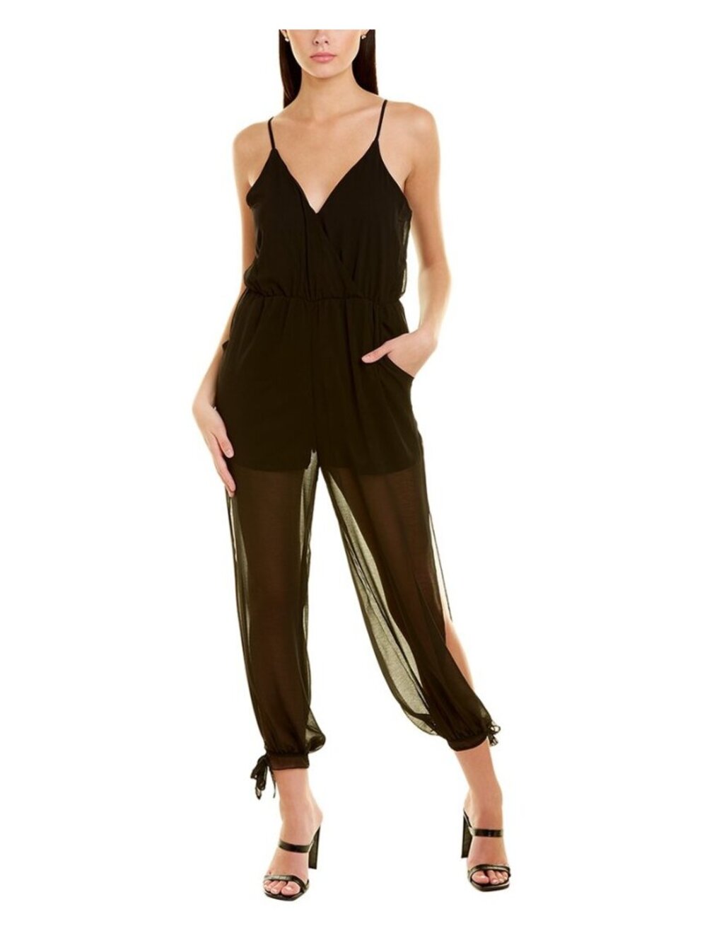 NWT Bebe Black Spaghetti Strap Sheer Slit-Leg Ankle-Tie Jumpsuit M MSRP $129